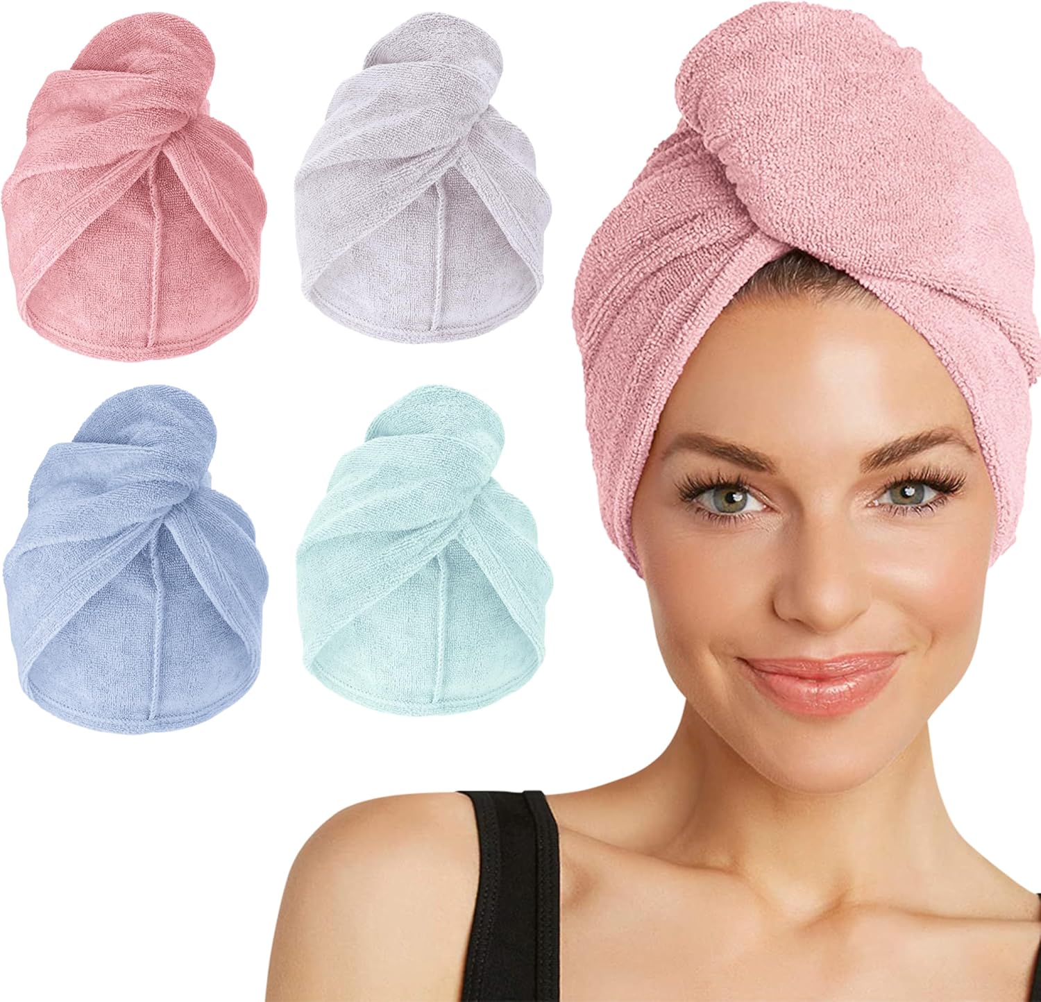 Turbie Twist 4-Pack Microfiber Hair Towel for Beauty, Travel, Gifting - Hair Wrap Turban for Straight, Wavy & Curly Hair - Premium Personal Care - Pink, Purple, Blue & Aqua