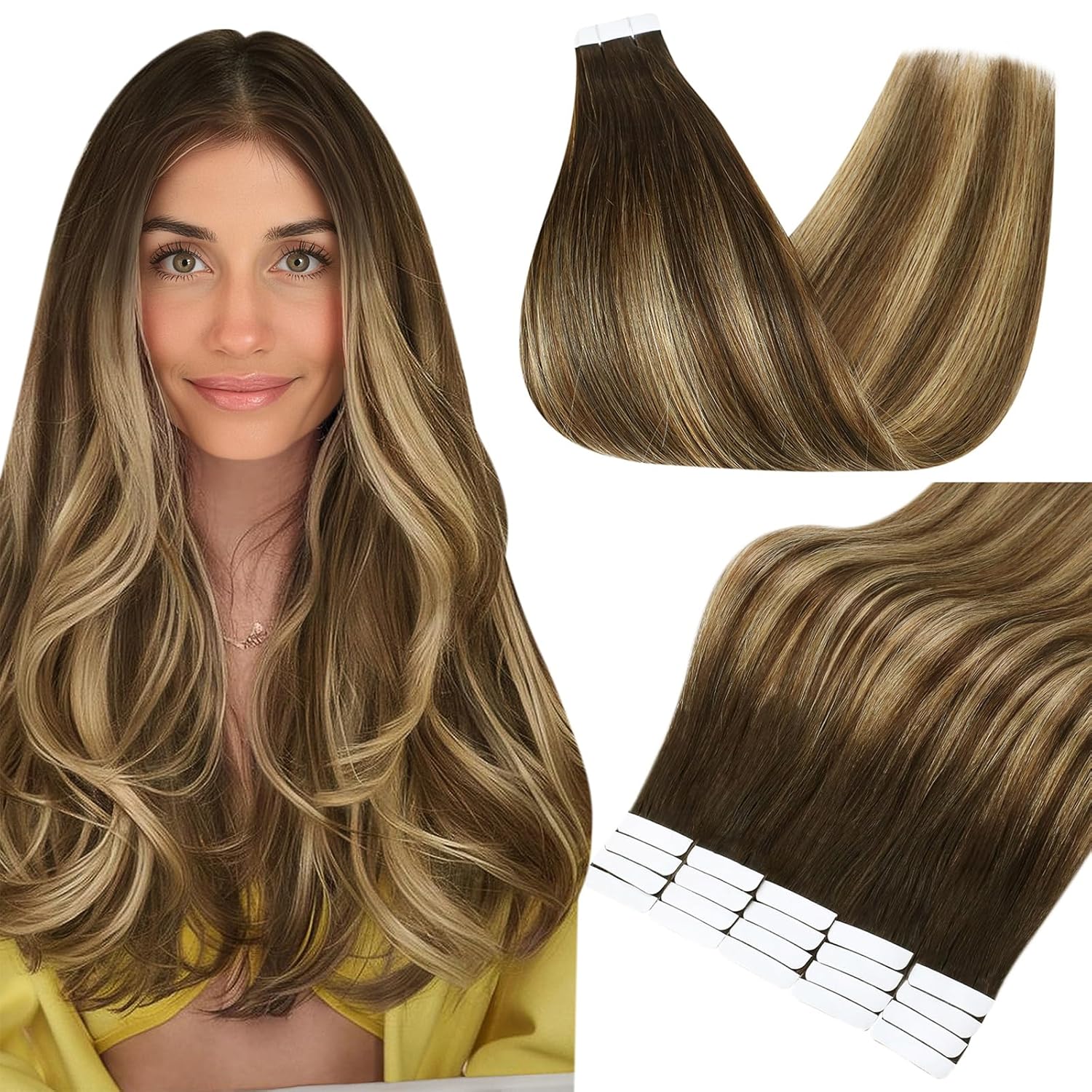 Full Shine Tape in Hair Extensions Human Hair Remy Hair 18 Inch Tape Extensions Color 2 Fading to 3 and 27 Caramel Blonde Balayage 50g Human Hair Extensions Tape Ins 20 PCS for Party
