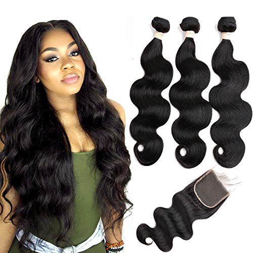 Body Wave human hair Bundles with Closure Brazilian Virgin Hair 10A Unprocessed 3 Bundles with Closure Body Wave Human Hair (10 12 14+10 Free Part Closure)