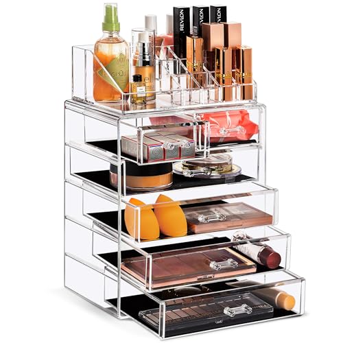 Sorbus Acrylic Makeup Organizer Set, 6-Drawer Vanity & Countertop Cosmetic Storage with Small & Wide Compartments, Clear Makeup Storage for Brushes, Lipsticks, Jewelry  Holiday Gift for Women & Teens