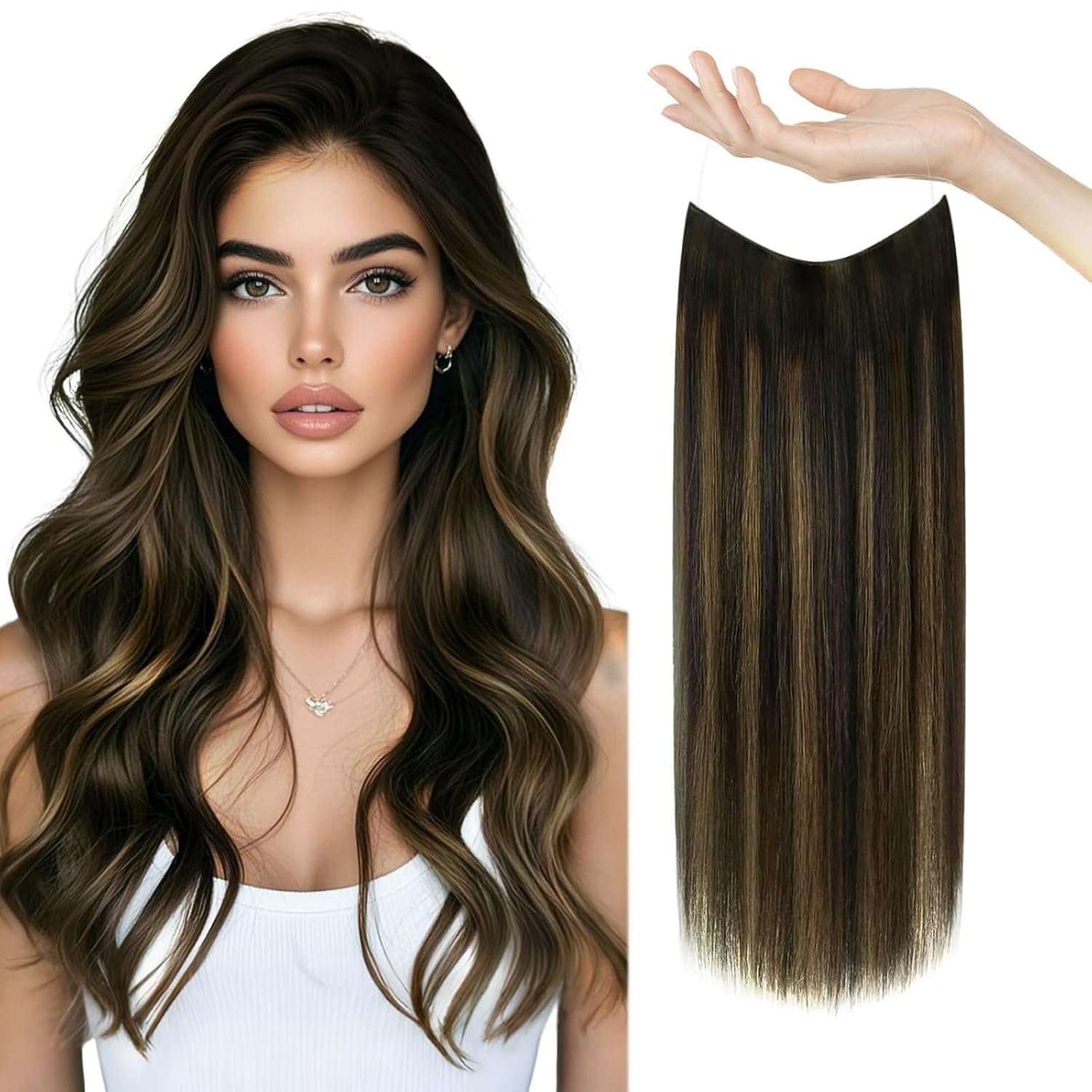 Sunny Wire Hair Extensions Real Human Hair Fish Line Human Hair Extensions Invisible Wire Extensions Dark Brown to Light Brown with Dark Brown #2/2/6 18 Inch