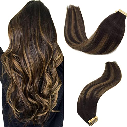 GOO GOO Tape in Hair Extensions Human Hair, 2/6/2 Balayage Dark Brown to Chestnut Brown, 18inch 50g 20pcs, Skin Weft Seamless Invisible, Silky Straight with Thick Ends, Remy Human Hair