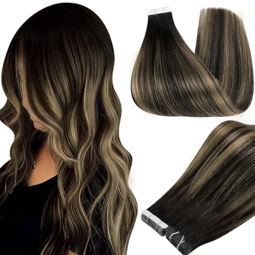 Full Shine Blonde Tape in Hair Extensions Human Hair 20Inch Color 1B/27/1B Black Highlighted Honey Blonde Remy Tape in Extensions Real Human Hair 20Pcs 50G Double Sided Tape in Hair Invisible Tape ins