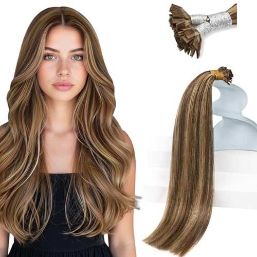 Sunny Hair Flat Tip Hair Extensions Brown with Blonde K Tips Hair Extensions Human Hair 16inch Keratin Tips Hair Extensions Natural Looking 50g