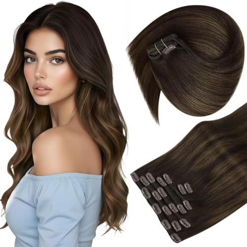 Sunny Hair Clip in Hair Extensions Straight Human Hair Clip in Extensions Remy Clip in Hair Extensions Real Human Hair Extensions Clip ins Dark Brown Ombre Medium Brown Balayage 20inch