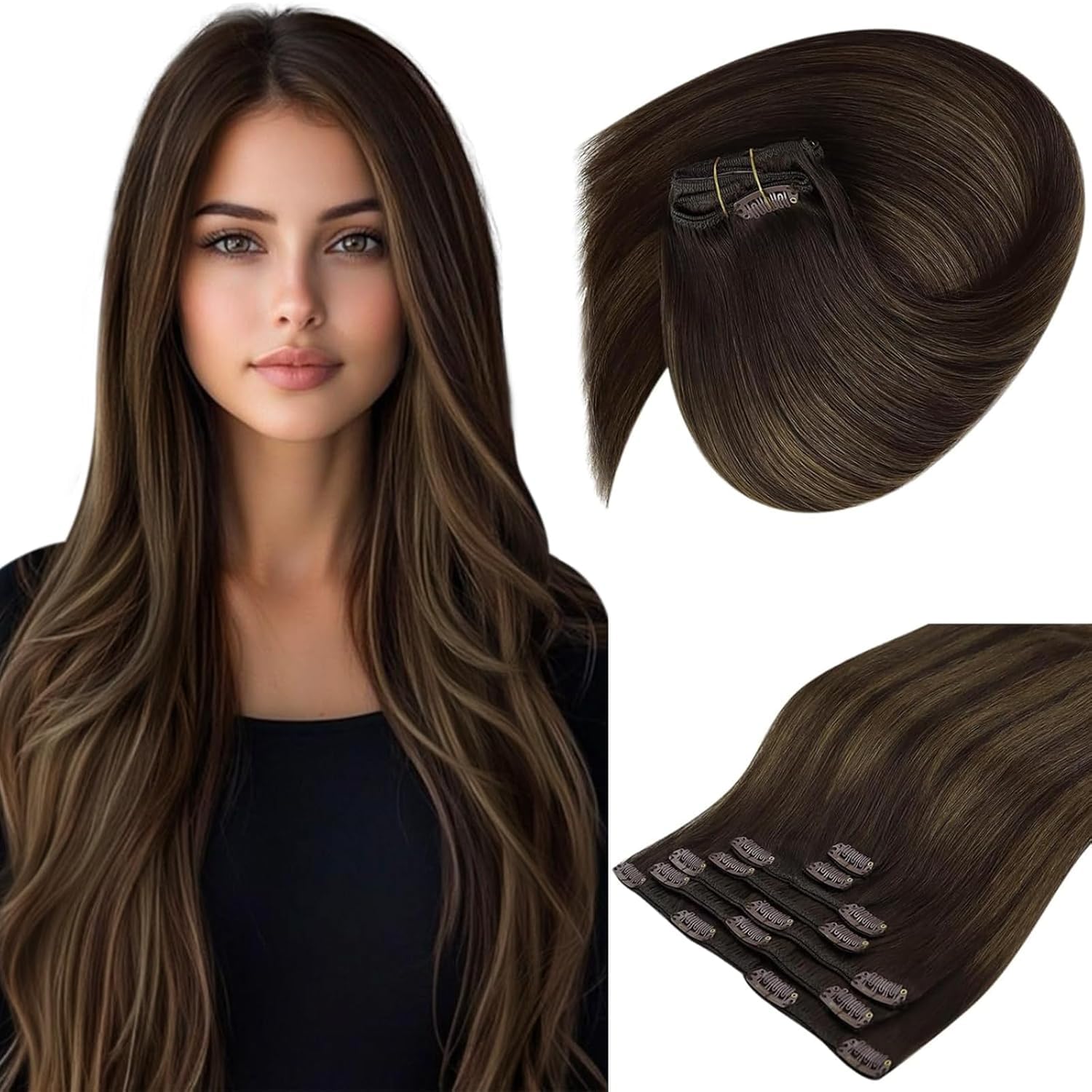 Sunny Hair Clip in Hair Extensions Straight Human Hair Clip in Extensions Remy Clip in Hair Extensions Real Human Hair Extensions Clip ins Dark Brown Ombre Medium Brown Balayage 14inch