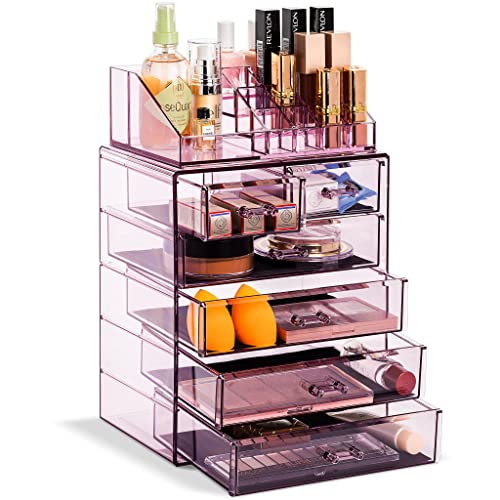 Sorbus Clear Cosmetic Makeup Organizer - Make Up & Jewelry Storage, Case & Display - Spacious Design - Great Holder for Dresser, Bathroom, Vanity & Countertop (4 Large, 2 Small Drawers) [Purple]