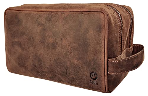 RUSTIC TOWN Full Grain Leather Travel Toiletry Bag - Cosmetic Makeup Kit Organizer (Brown)