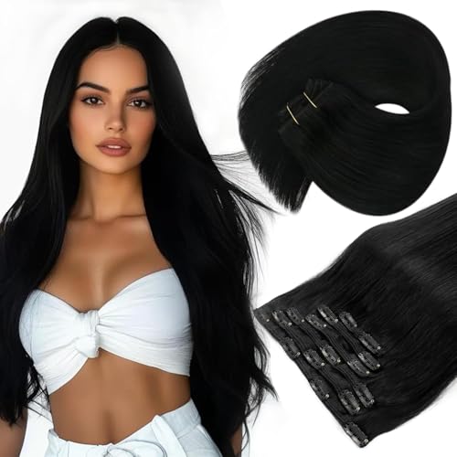 Sunny Hair Clip in Hair Extensions Straight Human Hair Clip in Extensions Remy Clip in Hair Extensions Real Human Hair Extensions Clip ins Jet Black for Women 18inch