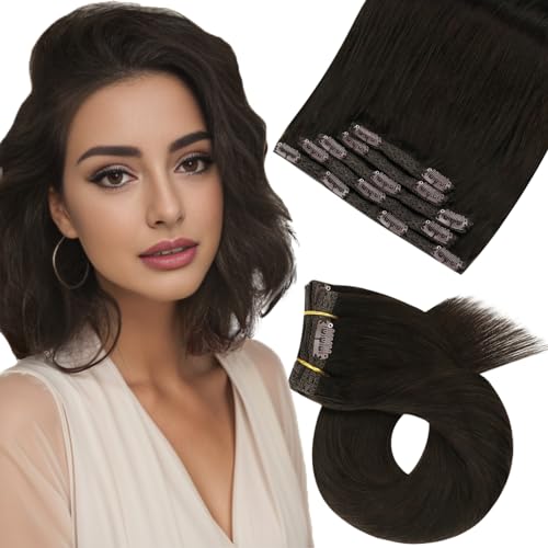 Moresoo Short Human Hair Clip in Extensions Brown Double Weft 10 inch Clip in Hair Extensions for Women Dark Brown #2 5pcs 80g