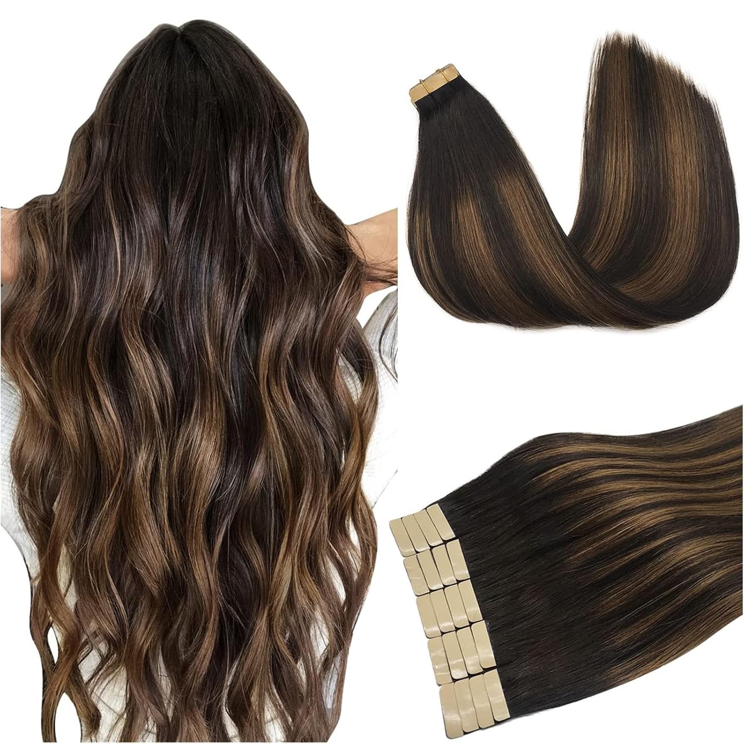 DOORES Tape in Hair Extensions Human Hair, Balayage Dark Brown to Chestnut Brown 50g 20pcs 18 Inch
