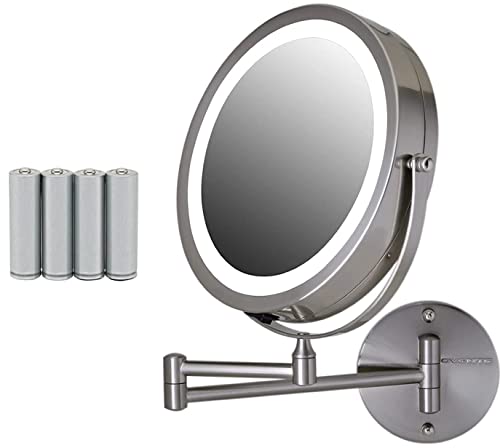 OVENTE Wall Mounted Lighted Makeup Mirror, 9" Double Sided 1X/7X Magnifying Vanity Mirror for Bathroom with LED Lights, Cordless, 360 Rotation and 13" Extendable Arm, Nickel Brushed MFW85BR1X7X