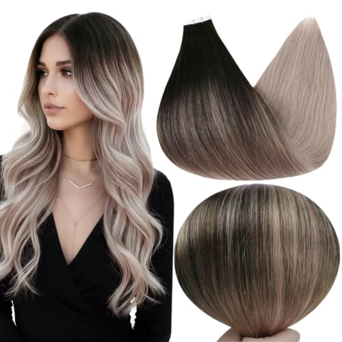 Full Shine Tape in Hair Extensions Human Hair Balayage Remy Human Hair Extensions Natural Black 1B Ombre Ash Blonde 18 Double Sided Tape in Extensions Adhesive Seamless Skin Weft 16Inch 50G 20Pcs