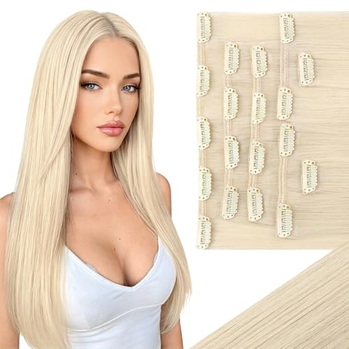 Ve Sunny Blonde Clip in Hair Extensions Human Hair Clip in Extensions Platinum Blonde Real Human Hair Extensions Clip ins Long Straight Hair Easy to Wear 7pcs 120g 20inch