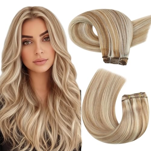Moresoo Sew in Hair Extensions Real Human Hair Blonde Highlights Remy Human Hair Weft Extensions Medium Brown with Blonde Sew in Weft Hair Extensions Human Hair 100g 18 Inch