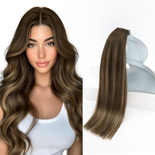 Sunny Hair Tape in Hair Extensions Real Human Hair Invisible Remy Hair Extensions Tape ins for Women Dark Brown Root to Caramel Blonde Balayage 16 inch 20Pcs 50G