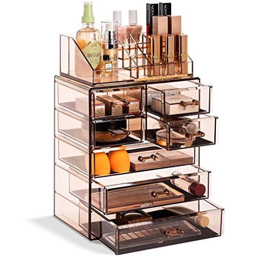Sorbus Acrylic Makeup Organizer Set, 7-Drawer Vanity & Countertop Cosmetic Storage with Small & Wide Compartments, Bronze Glow Makeup Storage for Brushes, Jewelry  Holiday Gift for Women & Teens