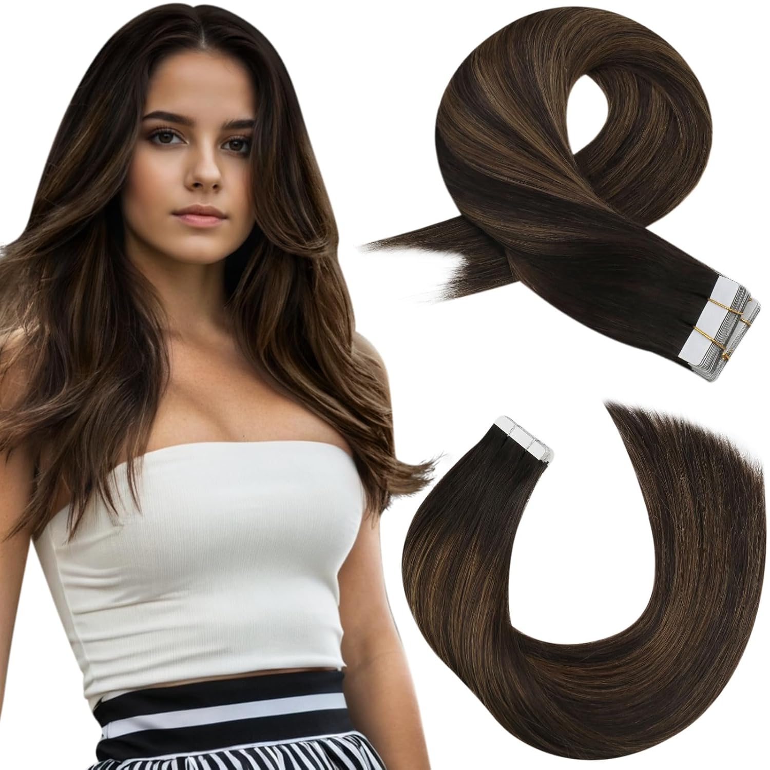 Moresoo Tape in Human Hair Extensions Balayage Hair Extensions Invisible Tape in Extensions Real Human Hair Balayage Darkest Brown Mix with Medium Brown Glue in Remy Hair 20 Inch #2/6/2 20pcs 50g
