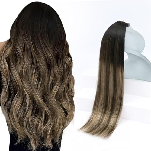 Sunny Hair Tape in Hair Extensions Real Human Hair Invisible Remy Hair Extensions Tape ins for Women Natural Black Ombre Dark Brown Balayage Ash Blonde 16 inch 20Pcs 50G