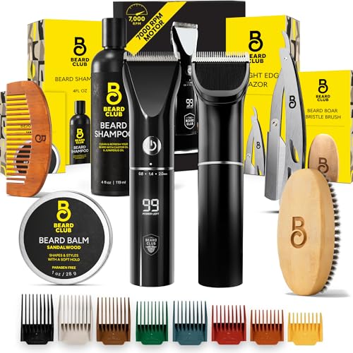 The Beard Club Men's Grooming Kit with Professional Cordless Electric Rechargeable Hair & Mustache/Beard Trimmer, Straight Edge Razor, Shampoo, Balm, Brush & Comb Gift Set