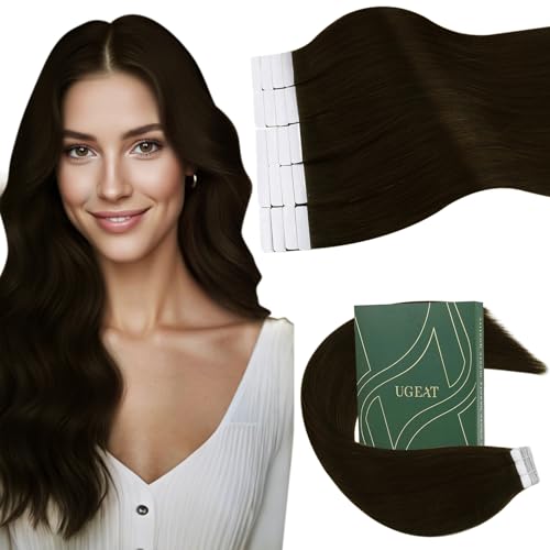 Ugeat Tape in Hair Extensions Real Human Hair Dark Brown Invisible Tape in Extensions Remy Human Hair Color Brown Seamless Long Straight Lightweight for All Day Use 20 Inch 20Pcs 50G
