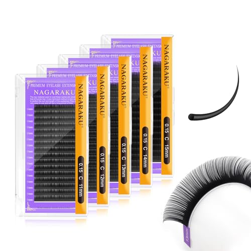 NAGARAKU 5 Trays Eyelash Extensions Individual Lashes 0.15mm C curl 11/12/13/14/15mm in 1 pack Classic Matte Black Natural Professional Faux Mink 16 rows