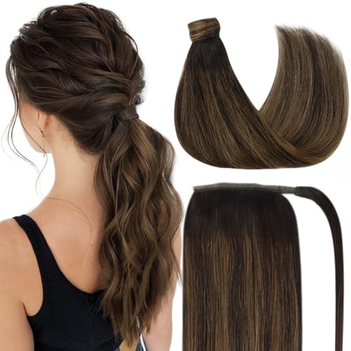 Ve Sunny Ponytail Extension Real Human Hair for Women Clip in Ponytail Hair Extension Straight Hair Pieces Wrap Around Dark Brown Mix Medium Brown Highlights Brown Balayage 14inch 80G