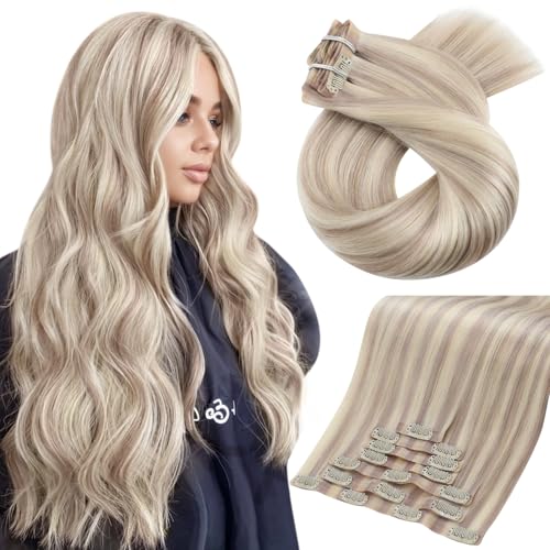 Moresoo Seamless Clip in Hair Extensions for Wome Real Human Hair Blonde Highlight Remy PU Weft Human Hair Clip in Extensions Bleach Blonde with Cool Ash Blonde with A Hint of Pink 7pcs 120g 22Inch