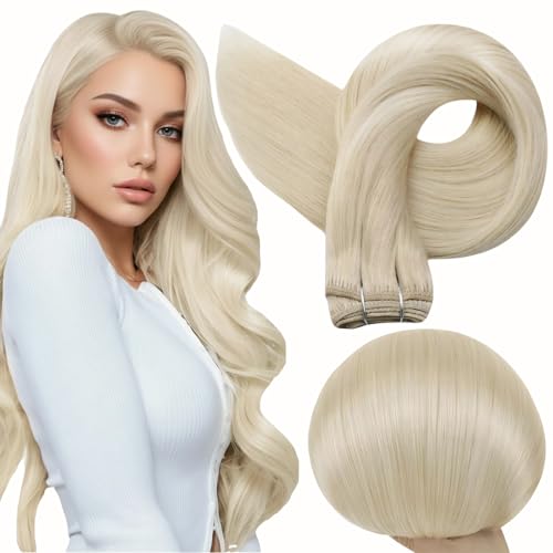 Full Shine Weft Hair Extensions Human Hair Color Platinum Blonde Human Hair Bundles Invisible Sew In Hair Extensions Real Double Weft Extensions Blonde Straight Hair Hair Weft Sew Ins 105G 22 Inch