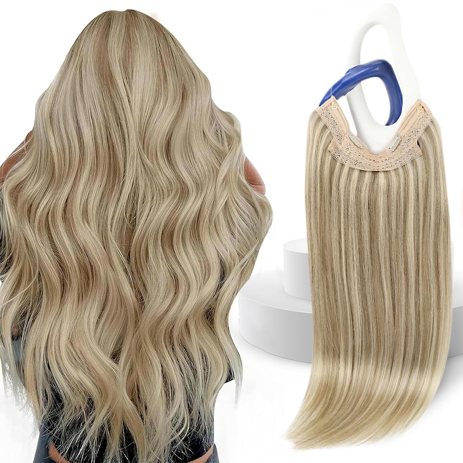 Sunny Wire Hair Extensions Real Human Hair Fish Line Human Hair Extensions Invisible Wire Extensions Golden Blonde with Medium Blonde Highlights #16/22 12 Inch