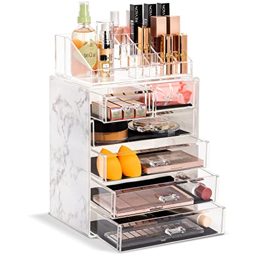 Sorbus Acrylic Makeup Organizer Set, 6-Drawer Vanity & Countertop Cosmetic Storage with Small & Wide Compartments, Marble Print Makeup Storage for Brushes, Jewelry  Holiday Gift for Women & Teens