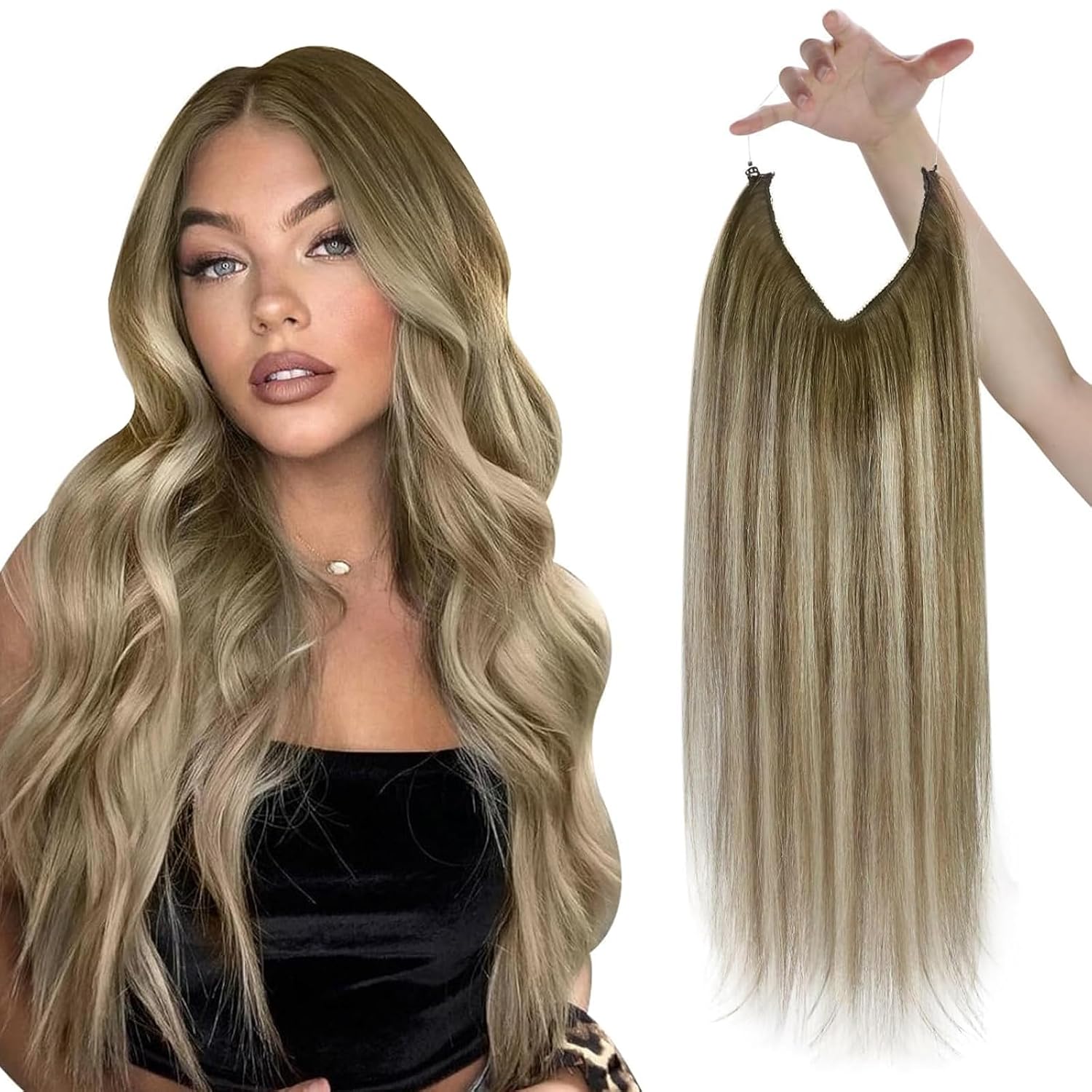 Sunny Wire Hair Extensions Real Human Hair Fish Line Human Hair Extensions Invisible Wire Extensions Brown to Light Brown with Medium Blonde #3/8/22 14 Inch