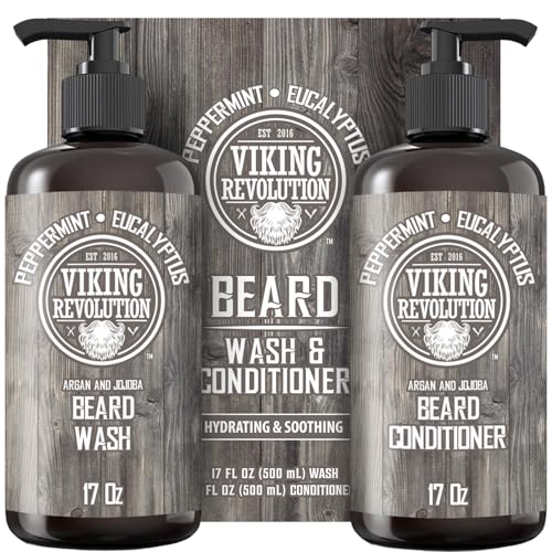 Viking Revolution Beard Wash & Conditioner Set w/Argan & Jojoba Oils  Softens, Smooths & Strengthens Beard Growth - Natural Peppermint and Eucalyptus Scent - Shampoo (17 oz)