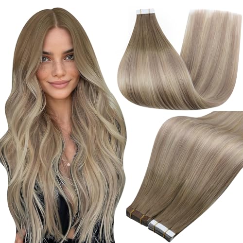 Full Shine Blonde Tape in Hair Extensions Real Human Hair Color 8/60/18 Balayage Ash Brown Ombre Ash Blonde and Platinum Blonde Seamless Invisible Hair Extension 22Inch Tape Extensions 20Pcs Remy 50G