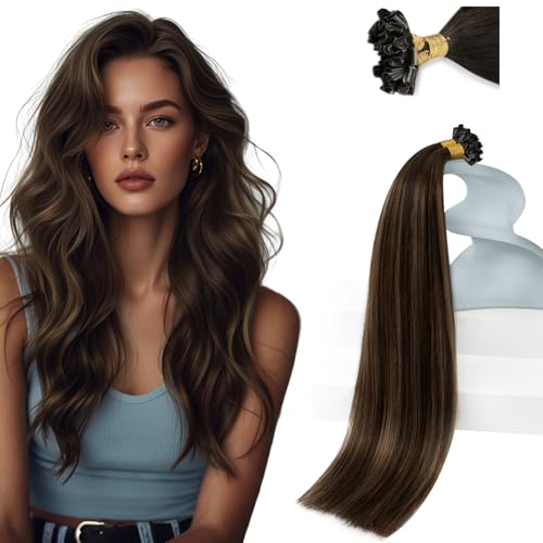 Sunny Hair Utip Hair Extensions Real Human Hair Natural Blends U Tip Hair Extensions Dark Brown Balayage Ktip Human Extensions for Women Remy Hair 18inch 50g
