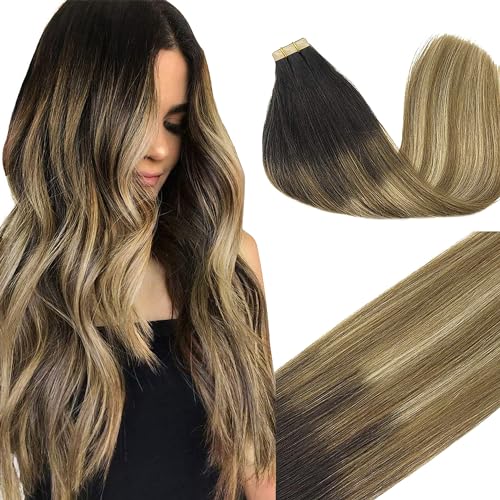 GOO GOO Tape in Hair Extensions Human Hair, 2/6/18 Balayage Brown to Dirty Blonde, 14inch 50g 20pcs, Thick Ends Straight Seamless Tape in, Invisible Tape in Hair Extensions Human Hair