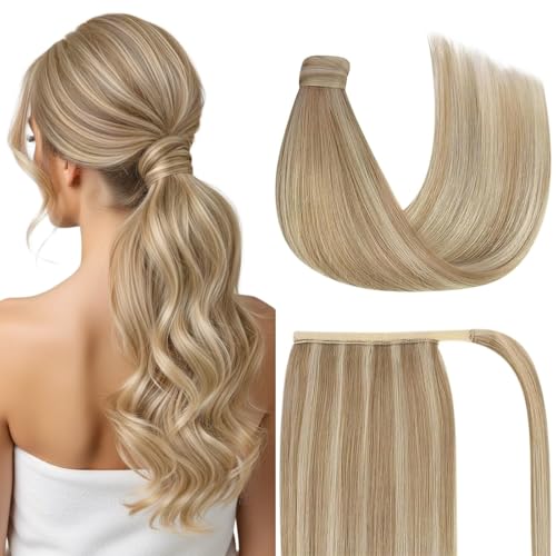 Ve Sunny Ponytail Extension Real Human Hair for Women Clip in Ponytail Hair Extension Straight Hair Pieces Wrap Around Dark Ash Blonde Highlights Golden Blonde 16inch 80G