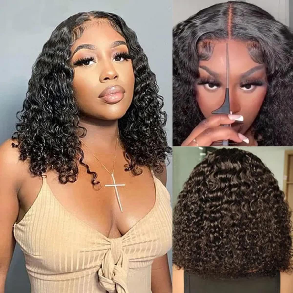 ISEE Wear and Go Glueless Wigs Bob Wigs Human Hair Pre Plucked Water Wave Lace Front Wigs Human Hair Upgraded No Glue Transparent Lace Closure Wigs Human Hair for Women Natural Black 12 Inch