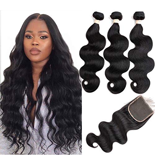 Brazilian Virgin Hair Body Wave 3 Bundles with Closure Free Part 12A Unprocessed Brazilian Body Wave Human Hair Weft Extensions with 4x4 Lace Closure Natural Color(16 18 20 with 16 Free Part)