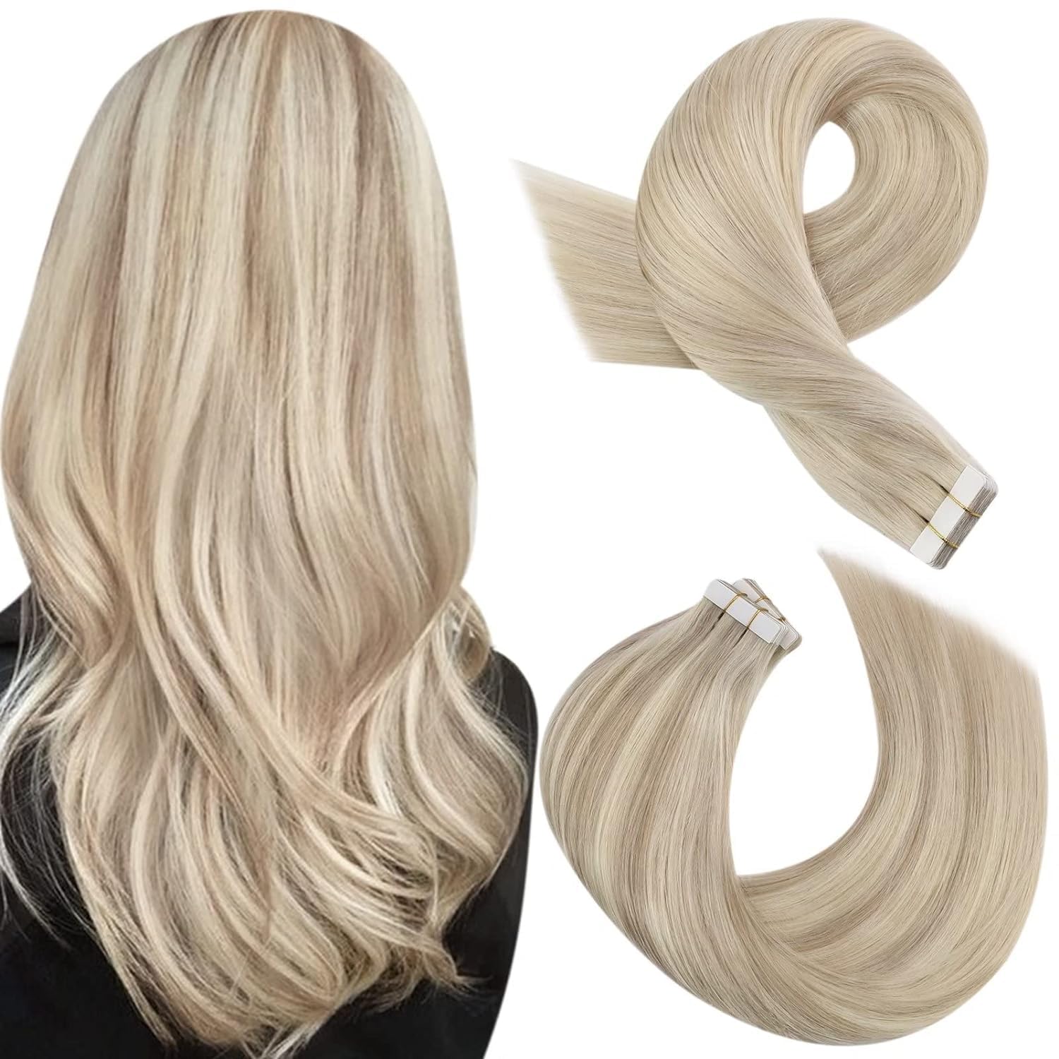 Moresoo Ash Blonde Tape in Human Hair Extensions Blonde Mix with Bleach Blonde Highlighted Human Hair Tape in Extensions Invisible Longer Straight Tape for Hair Extensions 16 Inch #P18/613 20pcs 50g