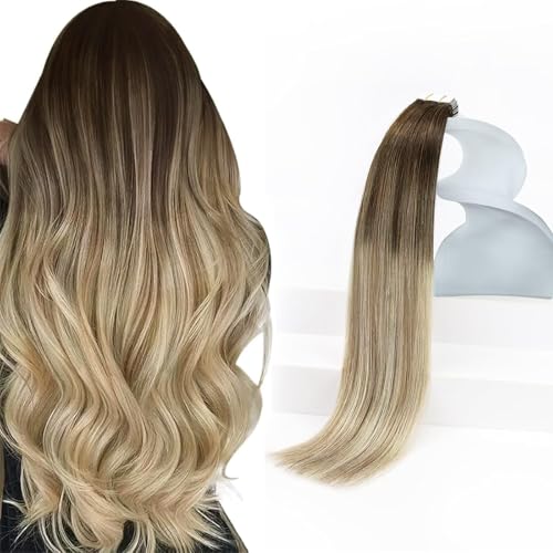 Sunny Hair Tape in Hair Extensions Real Human Hair Invisible Remy Hair Extensions Tape ins for Women Dark Brown Ombre Dark Golden Blonde Balayage Platinum Blonde 16 inch 20Pcs 50G