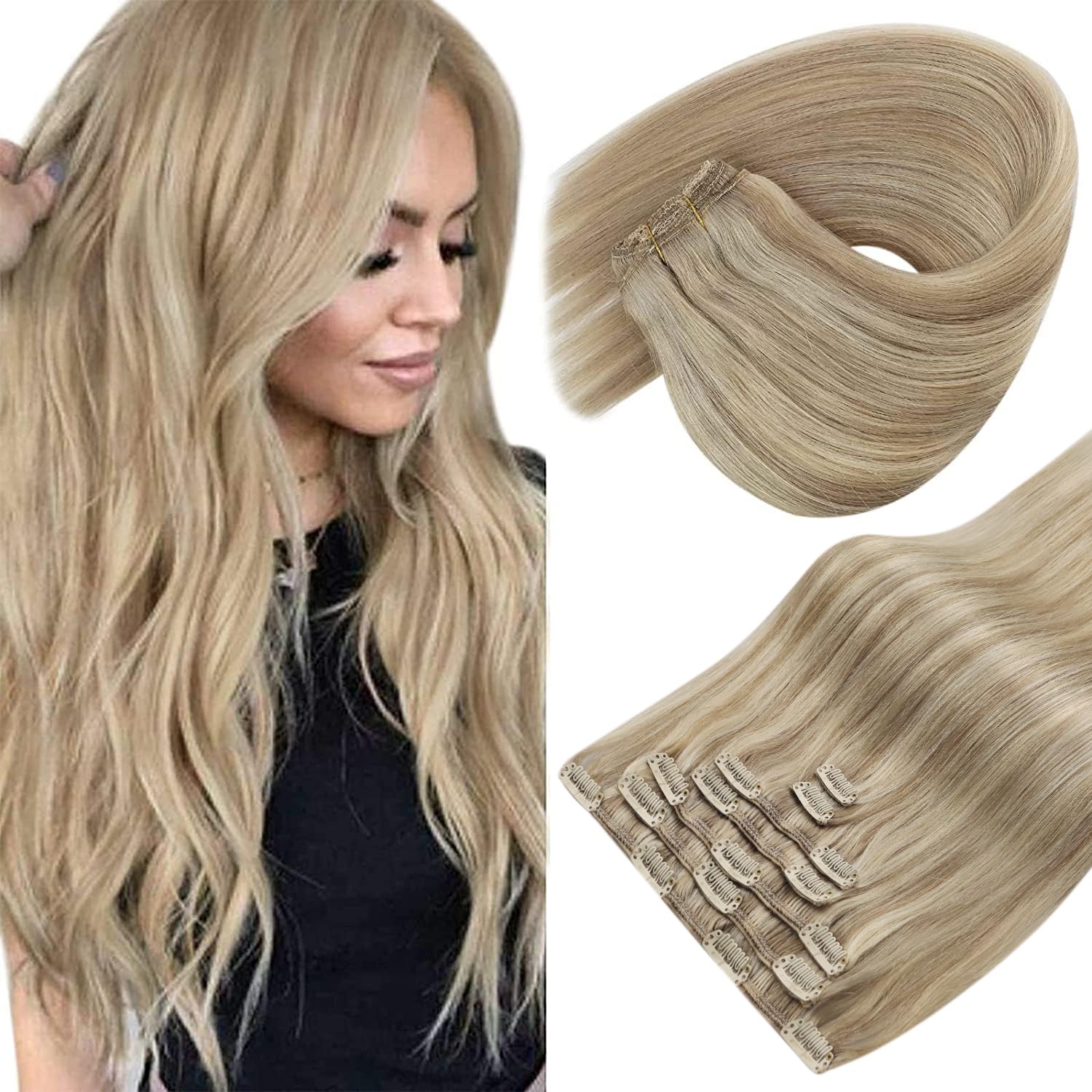 Sunny Hair Clip in Hair Extensions Straight Human Hair Clip in Extensions Remy Clip in Hair Extensions Real Human Hair Extensions Clip ins Golden Blonde Highlights Light Blonde 14inch