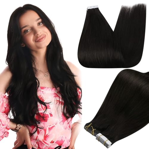 Full Shine Tape in Hair Extensions Human Hair 14Inch Black Remy Human Hair Extensions Invisible Color 1B Natural Tape in Extensions Real Human Hair 20Pcs 50G Double Sided Hair Extension Tape ins