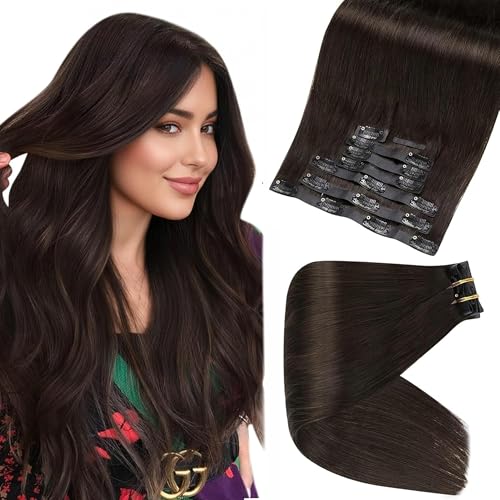 Full Shine Clip in Hair Extensions Real Human Hair Dark Brown Seamless Human Hair Clip in Extensions Invisible Clip ins Hair Extension Pu Weft Remy Hair Add Volume 18 Inch 8 Pcs 120 G