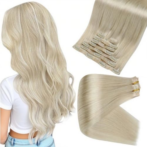 Full Shine Blonde Hair Extensions Clip in Hair Extensions Platinum Blonde Clip in Extensions Real Human Hair Invisible Pu Weft Straigt Natural Blonde Hair Real Human Hair 18 Inch 120 Grams 8Pcs