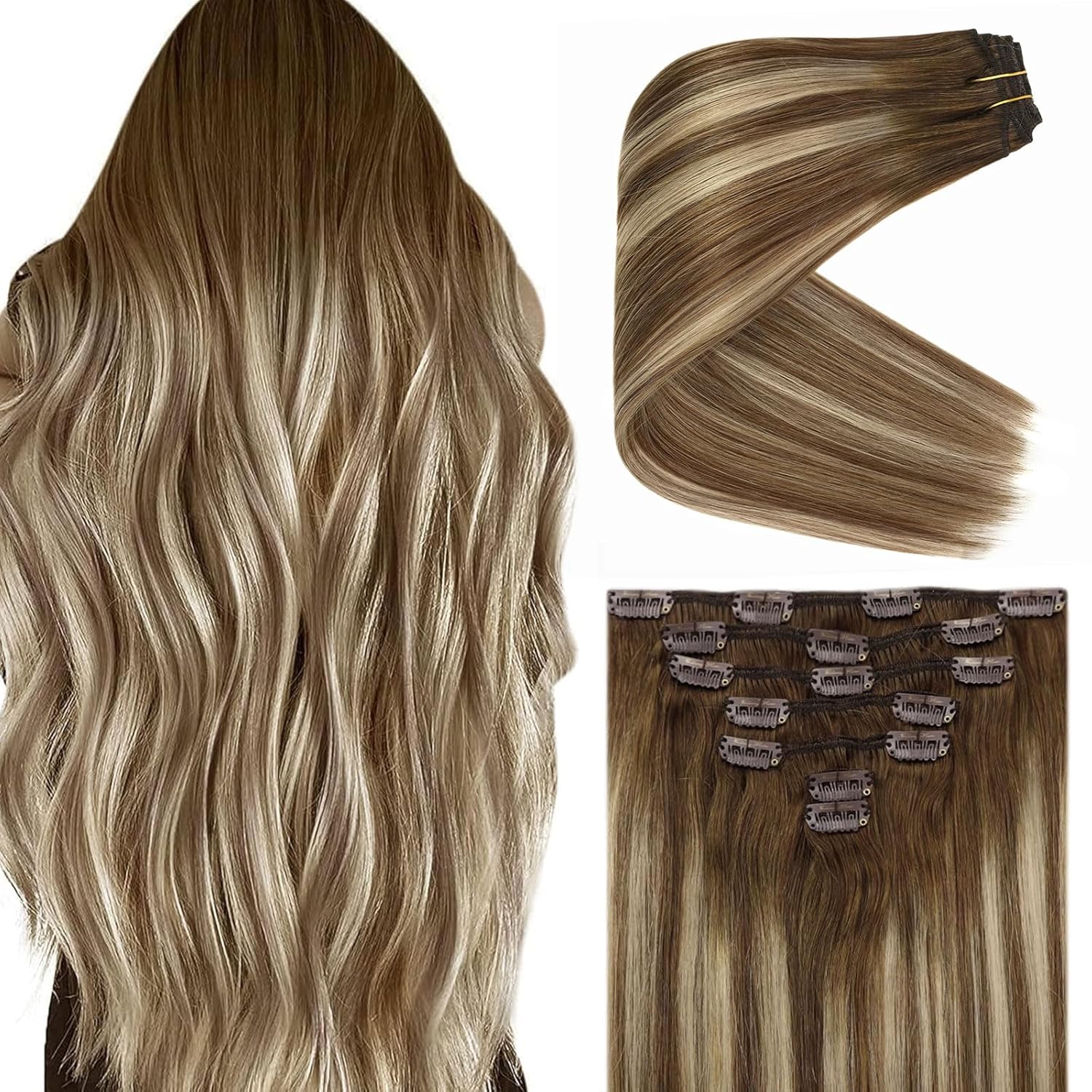 Ve Sunny Balayage Clip in Hair Extensions Brown Blonde Human Hair Clip in Extensions Ombre Hair Extensions Real Human Hair Clip ins Short Straight Hair Soft and Natural 100g 14in