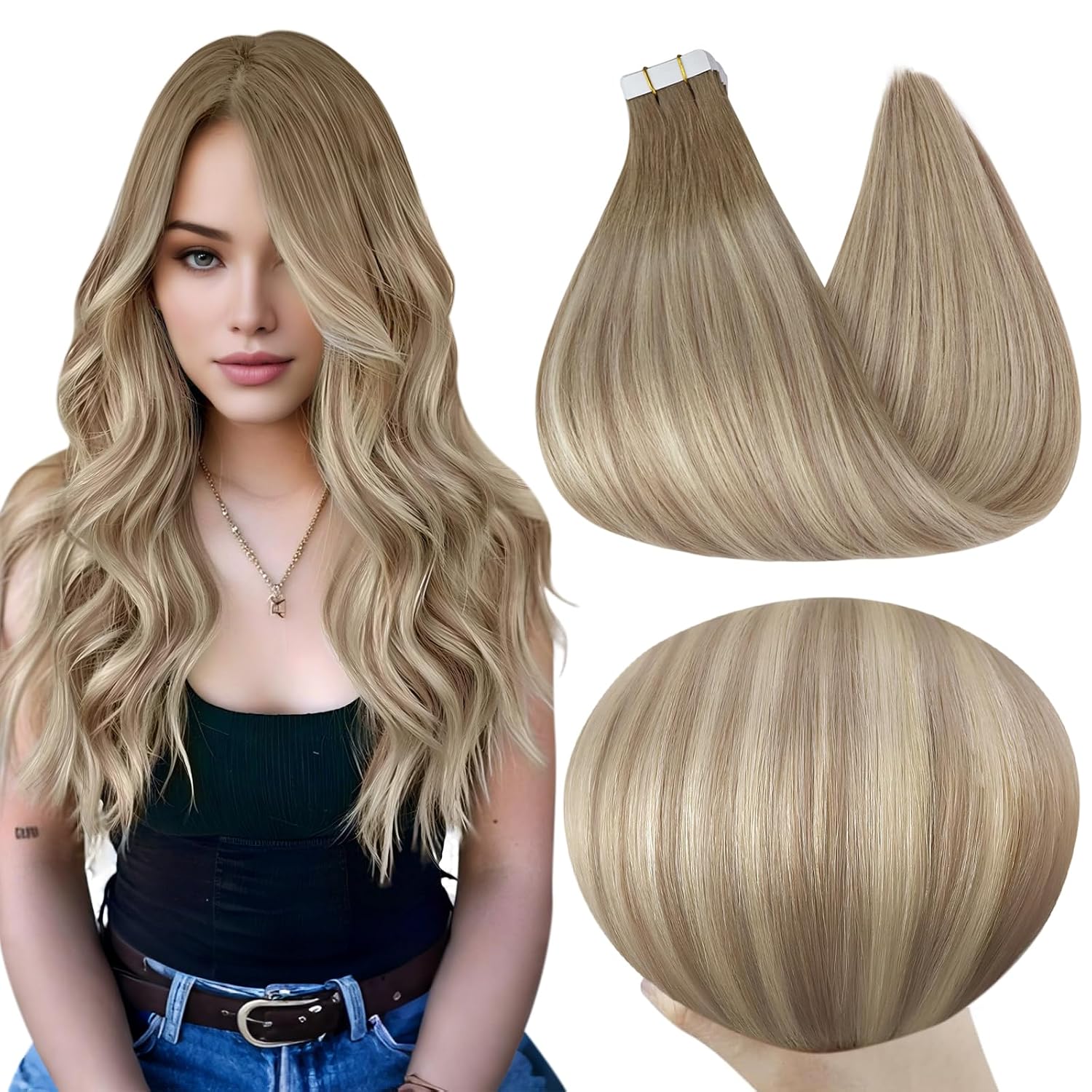 Full Shine Tape in Hair Extensions Invisible Tape in Hair Extensions Human Hair Ombre 18 Inch Color 8 Ash Brown Fading to 60 Platinum And 18 Ash Blonde 20Pcs 50G Remy Straight Seamless Skin Weft