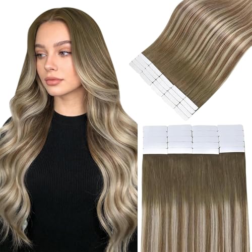 Easyouth Tape in Extensions Balayage Remy Human Hair Extensions Tape in Dark Brown Light Brown Ombre Honey Blonde Tapes Hair Extension Real Human Hair Ease of Use 16 Inch 20pcs 40g