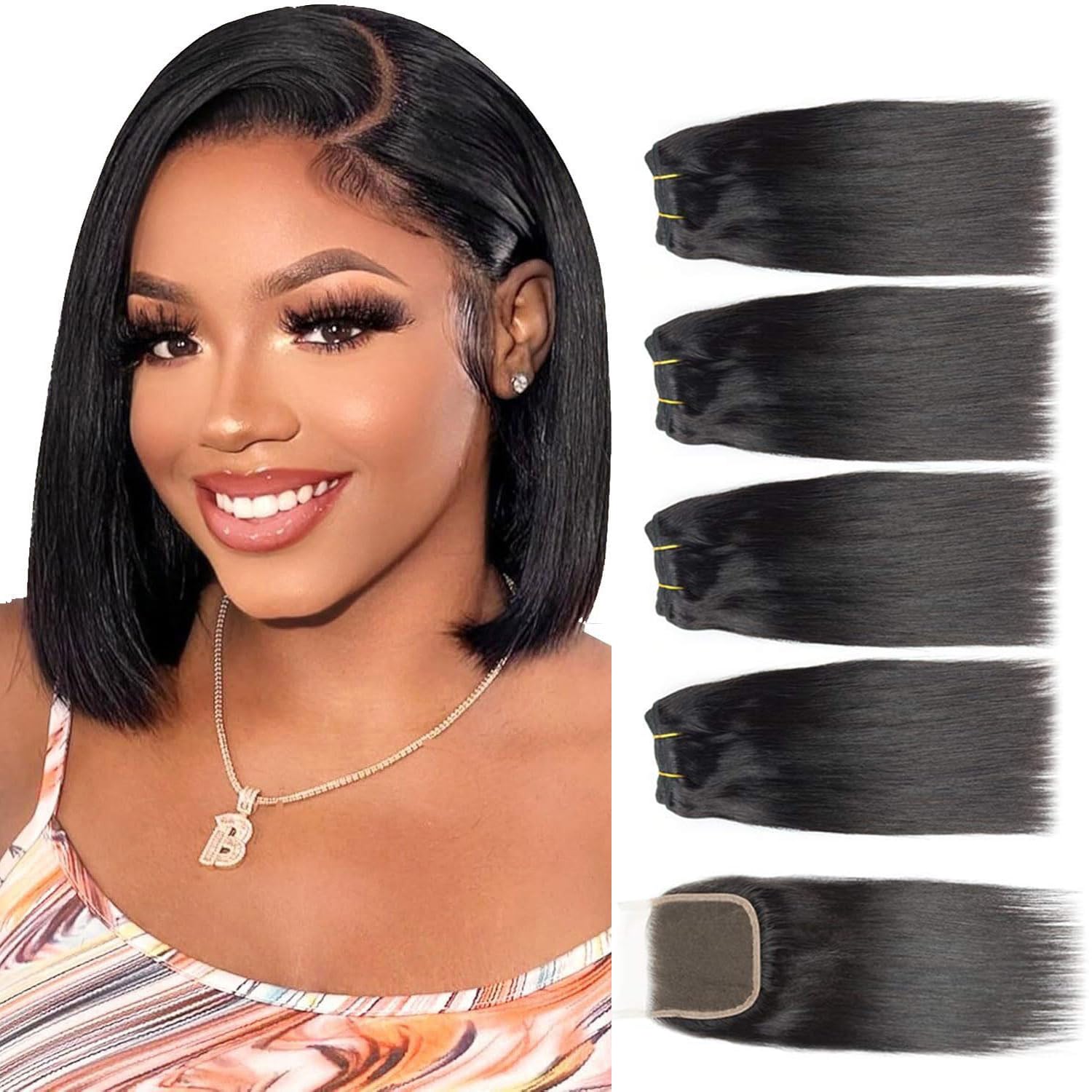 Selina 4 Bundles 8 8 8 8 Inch Human Hair with 4x4 Lace Closure 8 Inch, 100% Human Hair Brazilian Virgin Hair Straight, 12A Human Hair Bundles for Women
