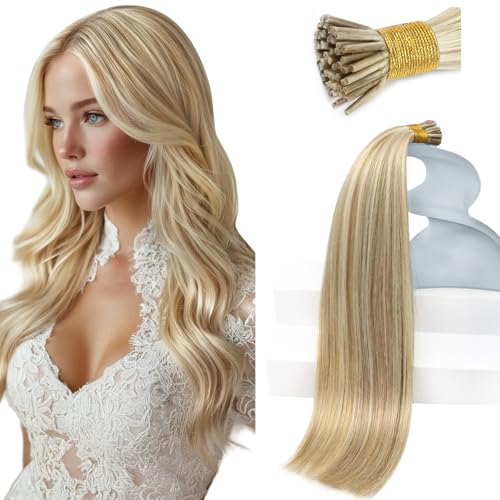 Sunny Hair Itip Hair Extensions Blonde Highlight I Tip Hair Extensions Human Hair Golden Blonde Highlight Medium Blonde Pre Bonded Soft Clod Fusion for Party 22inch 50g